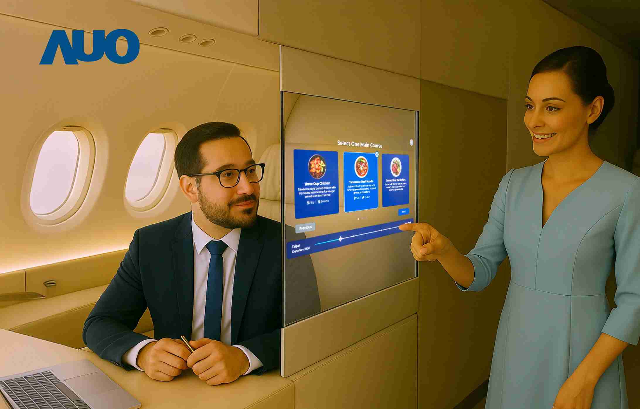 银河集团研发全球最薄17.3 吋双面透明 Micro LED 显示器，，可在同一屏幕之双边投射不同信息，，，创造独特的”透明化”互动；图为实时翻译交流应用情境